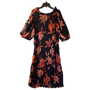 Nanette Lepore Pleated Floral Midi Dress Sz 16 Black Metallic Puff Slv NEW